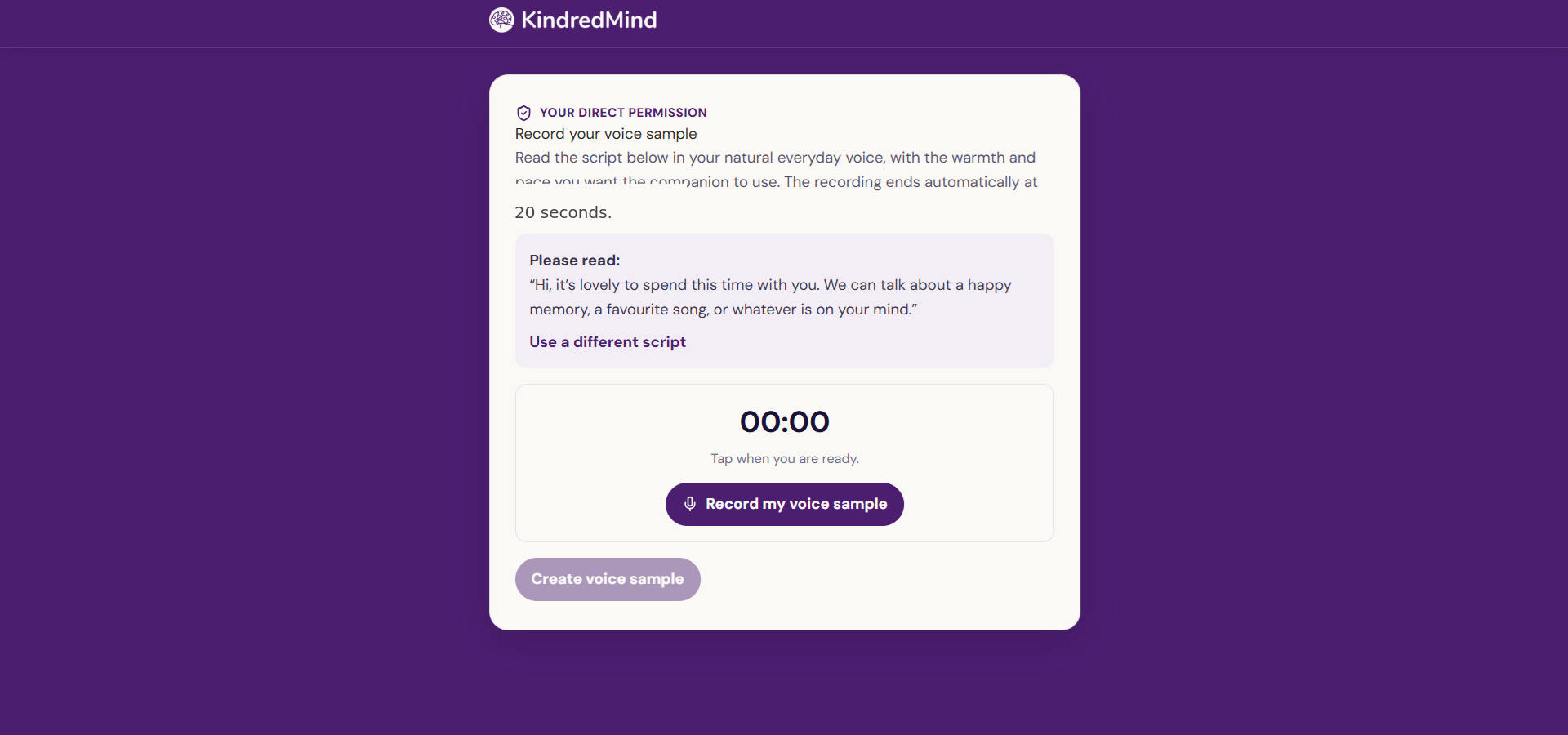 Voice sample screen showing the 20-second recording instructions and recording control