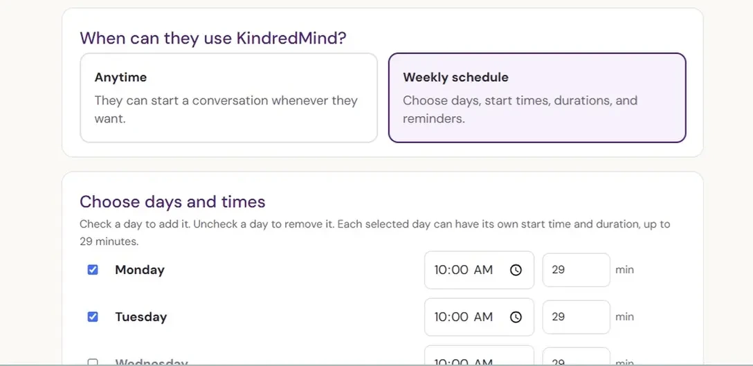 Presence Schedule showing Anytime and Weekly schedule choices, optional conversation times, and weekday settings