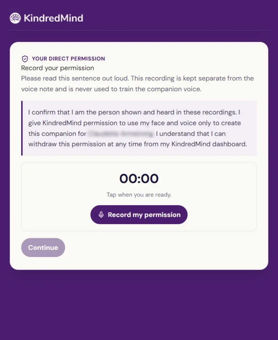 Spoken permission screen showing the direct permission statement and recording control
