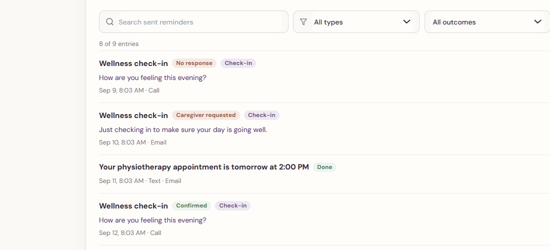 KindredMind reminder history showing sent, done, skipped, confirmed, caregiver requested, and no response outcomes over several days