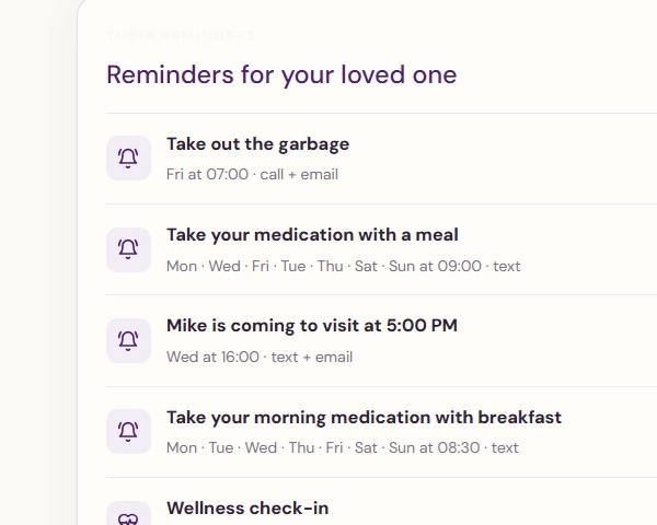 KindredMind reminder schedule showing nine medication, appointment, meal, visit, and wellness reminders