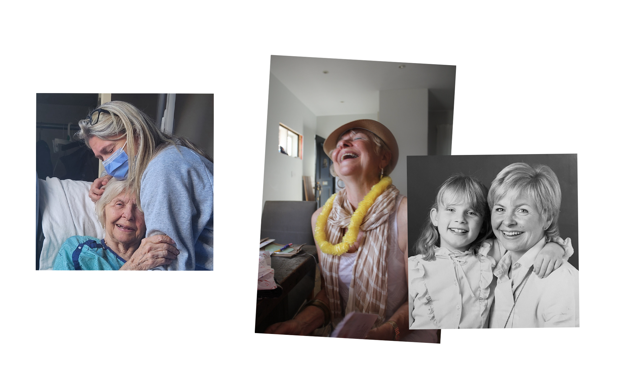 Kirstin with her mother Sharon in hospital after her stroke; Sharon on her 71st birthday; Kirstin and Sharon in 1982