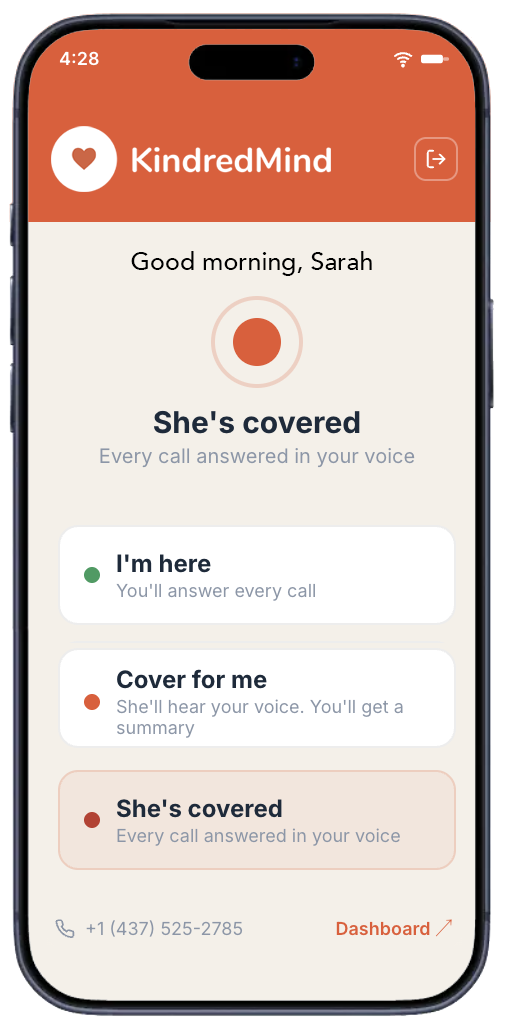 KindredMind mobile app showing call coverage modes